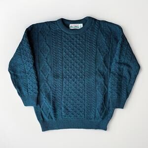 Vintage Celtic Country Cable Knit Wool Sweater Large Green Fisherman Pullover